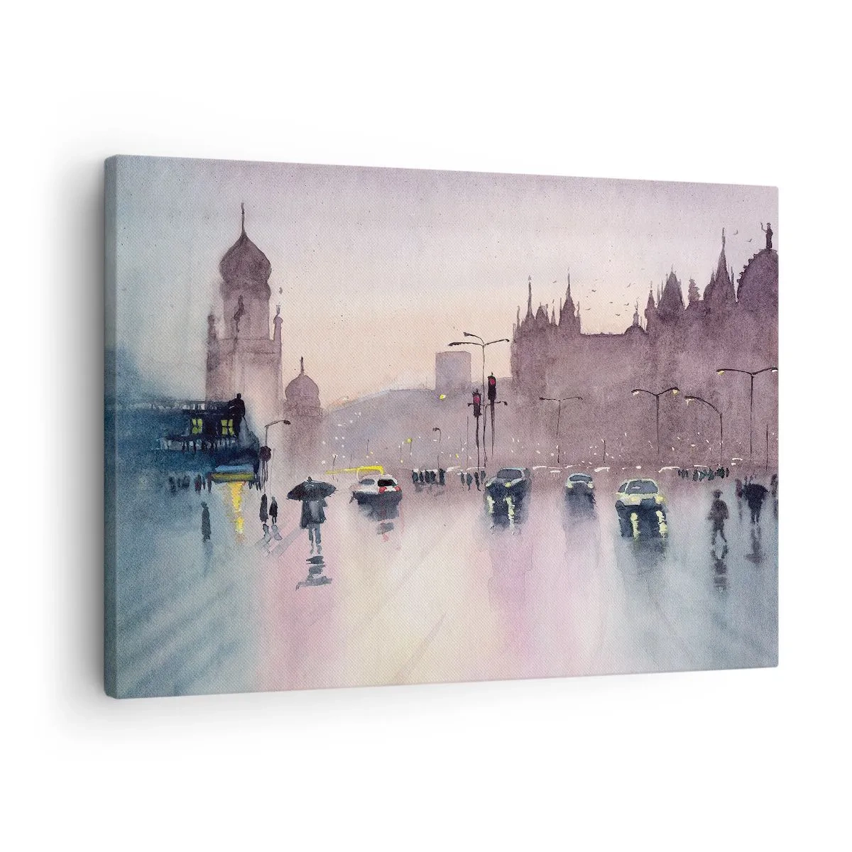 Lærredstryk - Billede på lærred - En bygade i skumringen i akvarelstil - 70x50cm - I en regnfuld tåge - Moderne vægdekoration til stue og soveværelse ARTTOR