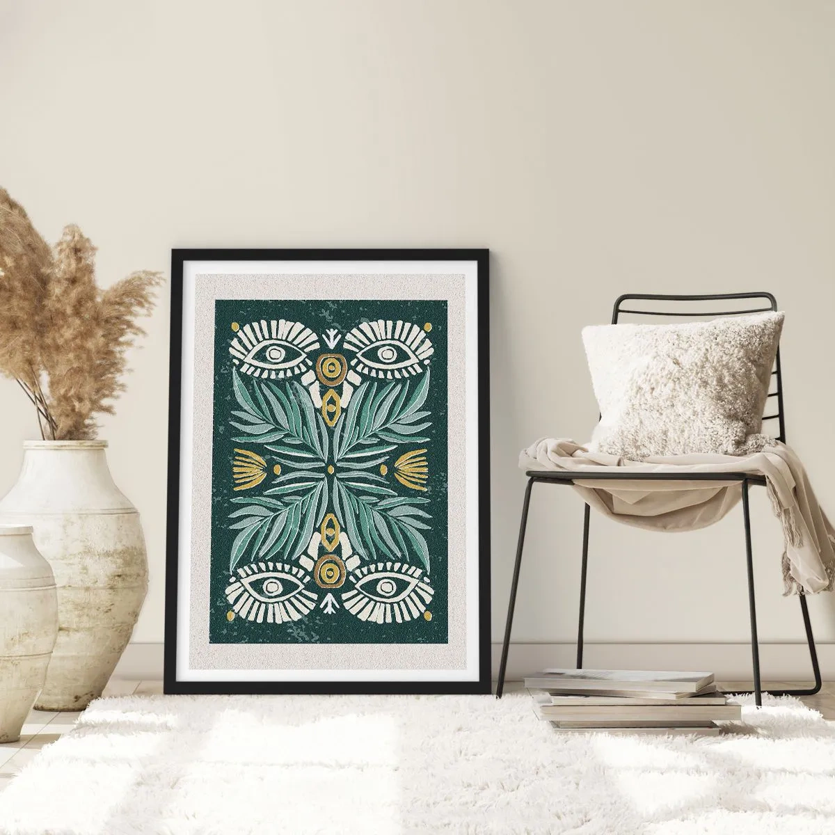 Plakat i sort ramme - Symmetrisk mønster med blade og øjne på en mørk baggrund - 50x70cm - Som en folkeudskæring - Moderne vægdekoration til stue og soveværelse ARTTOR