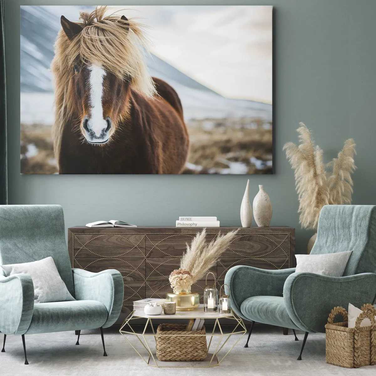 Lærredstryk - Billede på lærred - Islandsk hest mod et bjerglandskab - 70x50cm - Kan du mærke friheden? - Moderne vægdekoration til stue og soveværelse ARTTOR