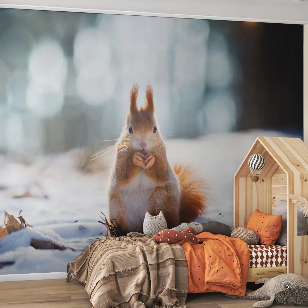 Fototapet Premium Sand - Og hvad kigger du på? - Dyr, Egern, Vinter - 100x70 cm