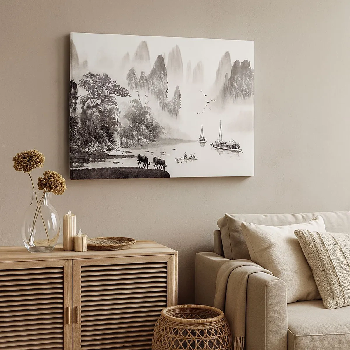 Lærredstryk - Billede på lærred - Et malerisk landskab i asiatisk stil med tågede bjerge - 70x50cm - Østens eksotiske hverdag - Moderne vægdekoration til stue og soveværelse ARTTOR
