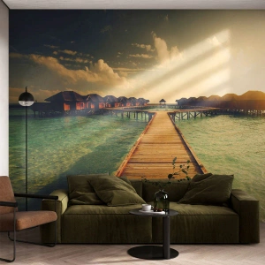 Fototapet Premium Sand - En varm invitation - Maldiverne, Landskab, Huse på vandet - 250x175 cm