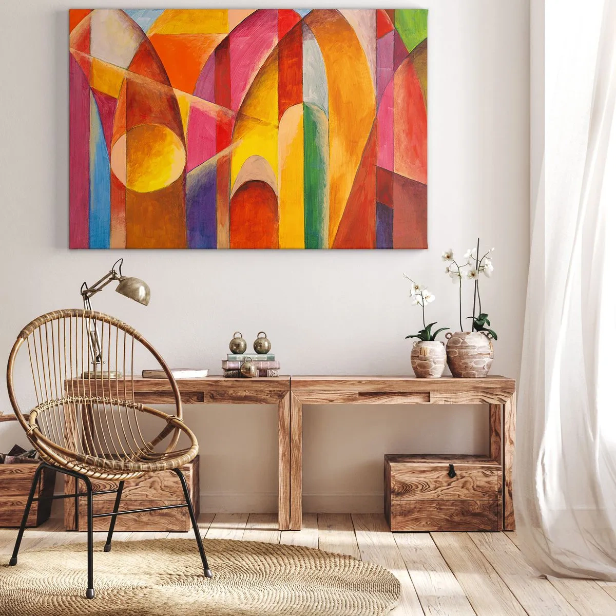 Lærredstryk - Billede på lærred - En abstrakt komposition fuld af farverige geometriske former. - 70x50cm - Solens katedral - Moderne vægdekoration til stue og soveværelse ARTTOR