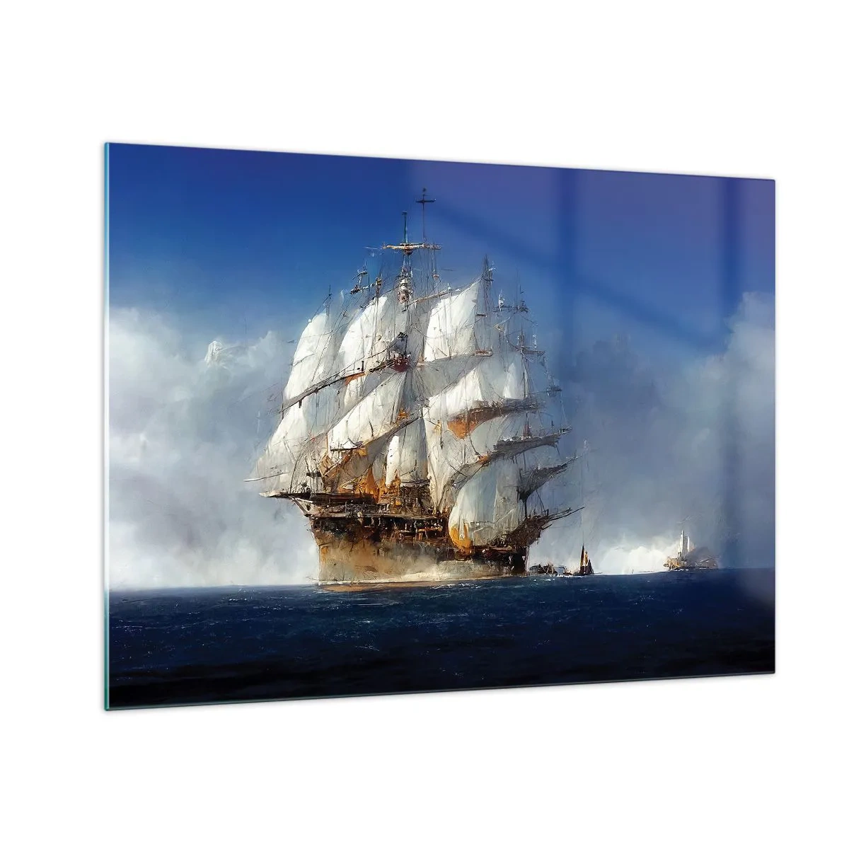 Billede på glas - Et sejlskib på åbent hav midt i havtåge - 70x50cm - Den store herlighed! - Moderne vægdekoration til stue og soveværelse ARTTOR