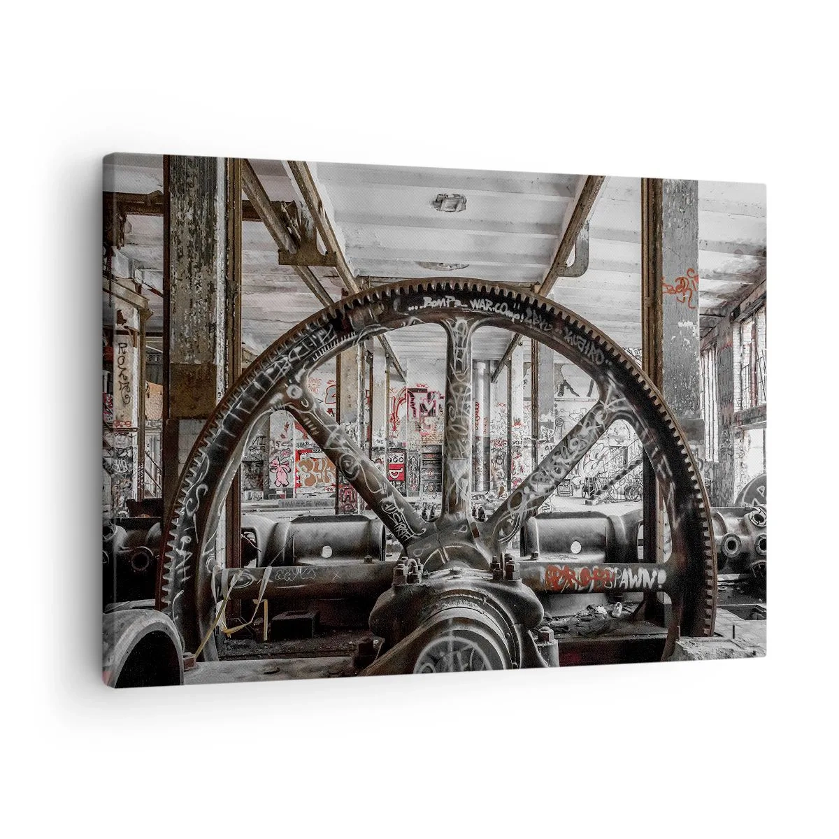 Lærredstryk - Billede på lærred - En gammel mekanisme i et forladt industrielt interiør - 70x50cm - Fabrikkens hemmelige liv - Moderne vægdekoration til stue og soveværelse ARTTOR