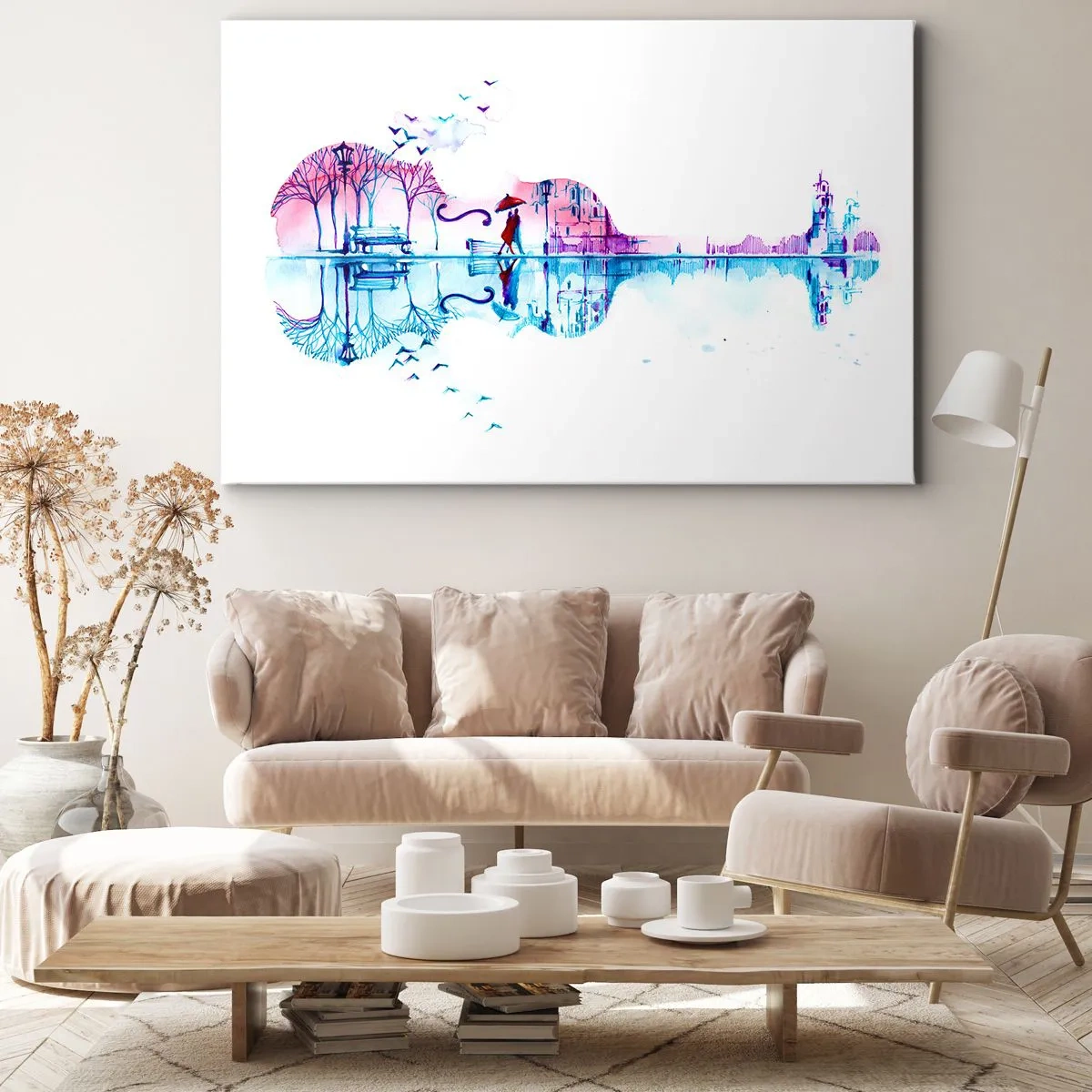 Lærredstryk - Billede på lærred - Violinformet bysilhuet i akvarelfarver - 70x50cm - Jeg vil bringe jer regnvejrssange - Moderne vægdekoration til stue og soveværelse ARTTOR