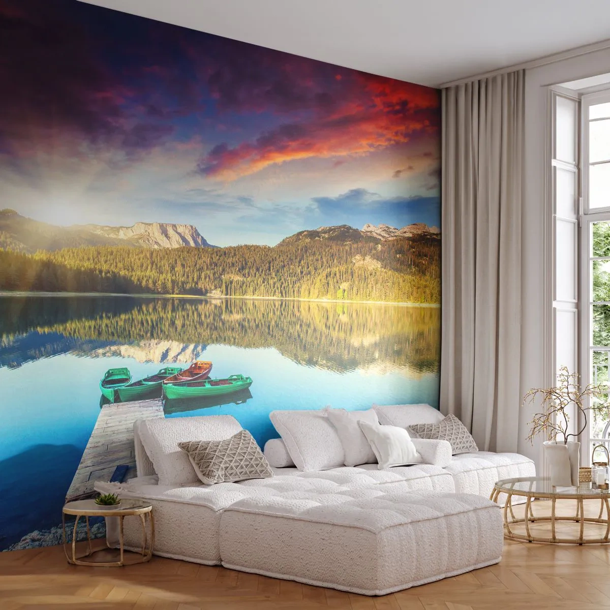 Fototapet Premium Canvas - Over vand så glat som et spejl - Landskab, Bjerge, Skov - 100x70 cm