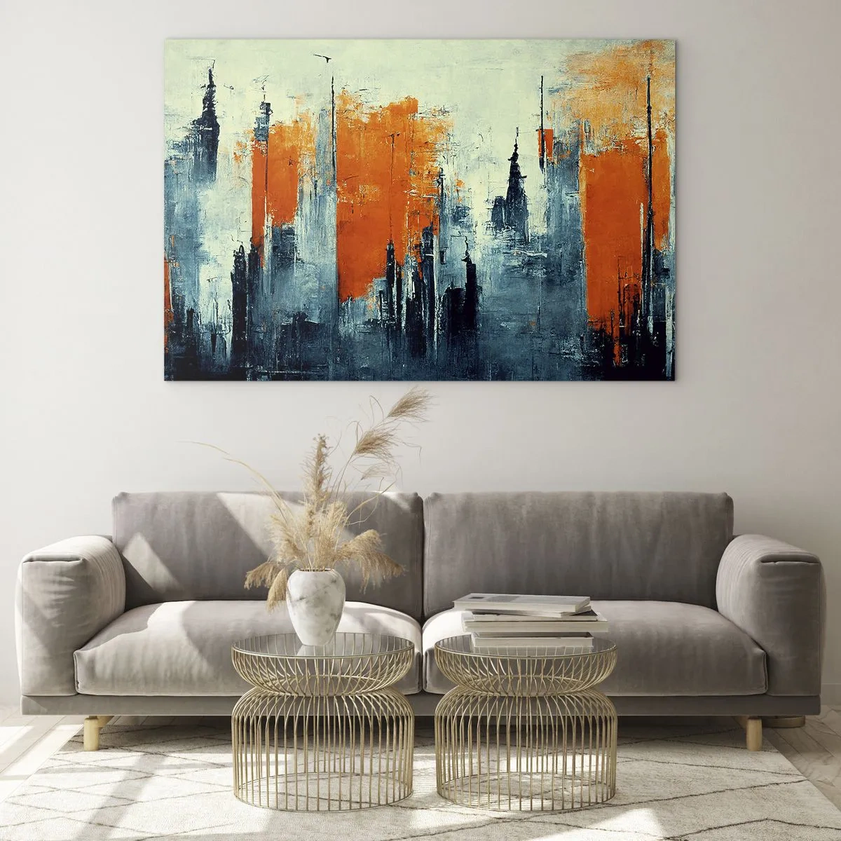 Billede på glas - Et moderne bypanorama i grå og orange nuancer - 70x50cm - Moderne landskab - Moderne vægdekoration til stue og soveværelse ARTTOR