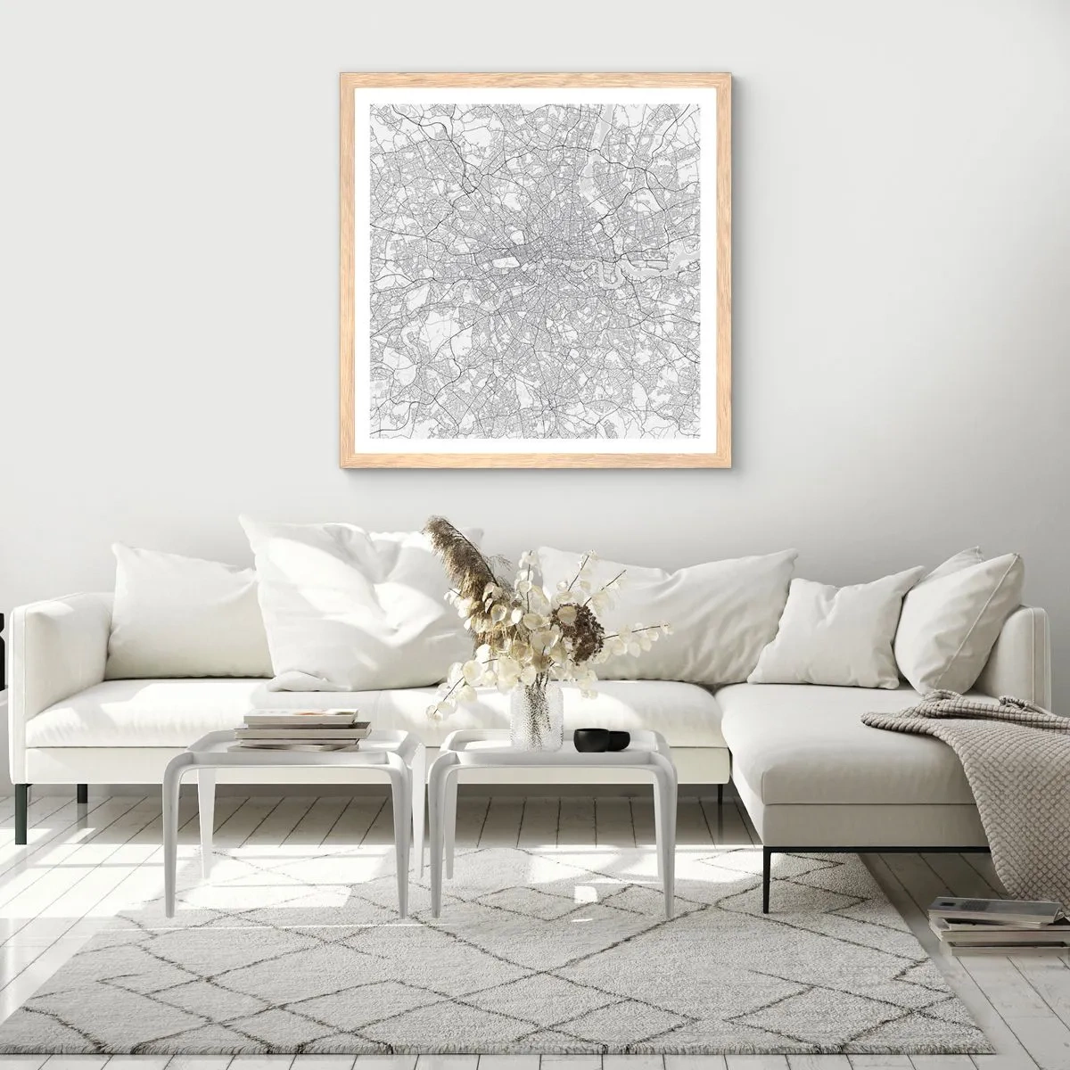 Plakat i ramme af lyst egetræ - Kort over Londons labyrint - 30x30 cm