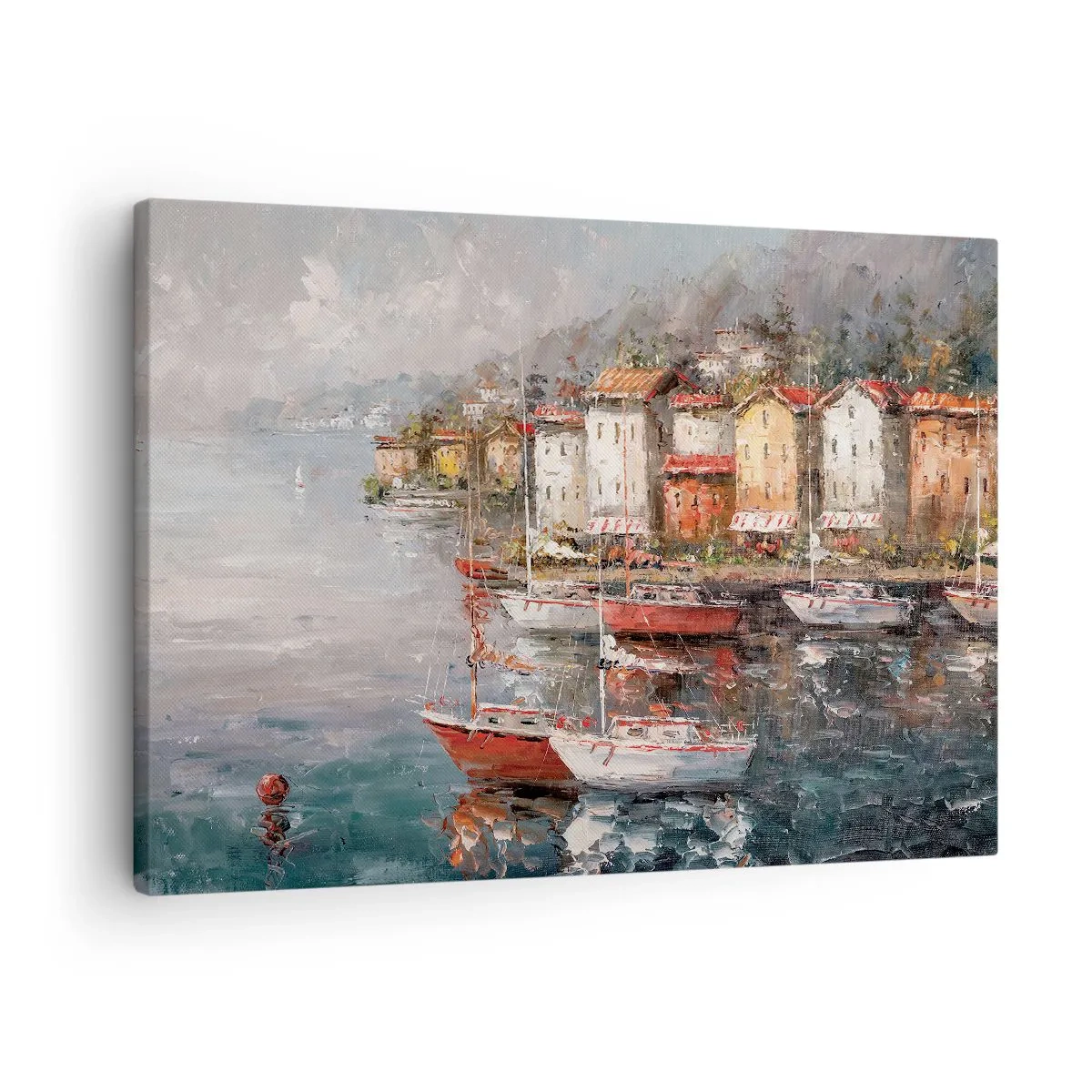 Lærredstryk - Billede på lærred - Kystlandskab med både og farverige huse - 70x50cm - Romantisk paradis - Moderne vægdekoration til stue og soveværelse ARTTOR