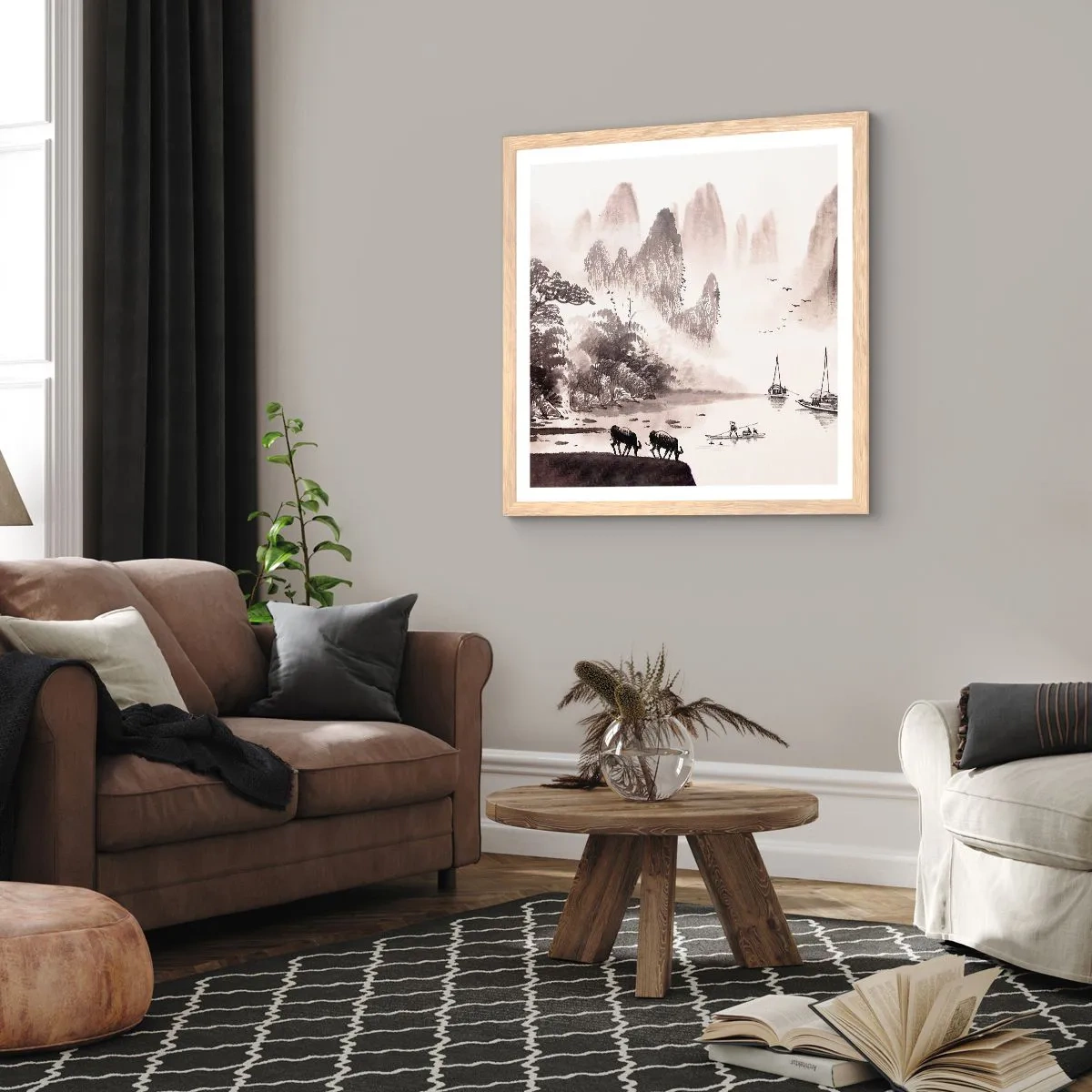 Plakat i ramme af lyst egetræ - Østens eksotiske hverdag - 40x40 cm