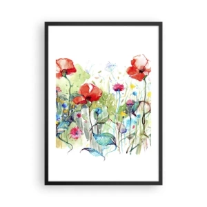 Plakat i sort ramme - Et akvarelmaleri af en eng med valmuer og vilde blomster. - 50x70cm - En blomstrende eng i maj - Moderne vægdekoration til stue og soveværelse ARTTOR