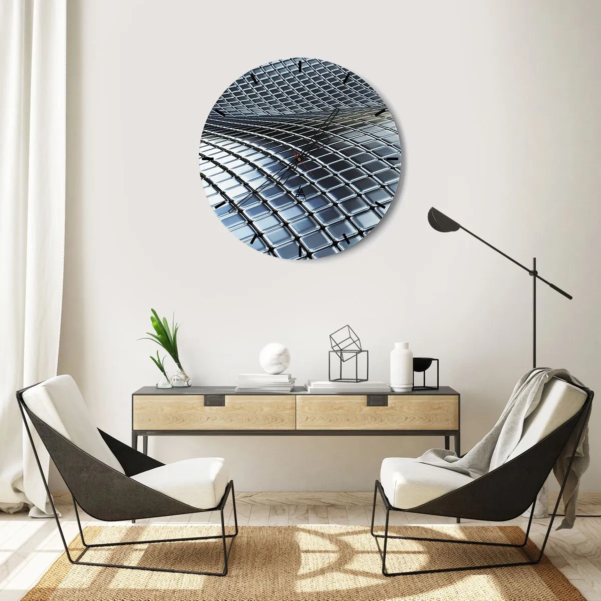 Vægur, Uret - Futuristisk overflade lavet af metalpaneler i en sølvfarvet nuance - 30x30cm - Bølge i metallisk sølv - Moderne vægdekoration til stue, køkken og soveværelse ARTTOR