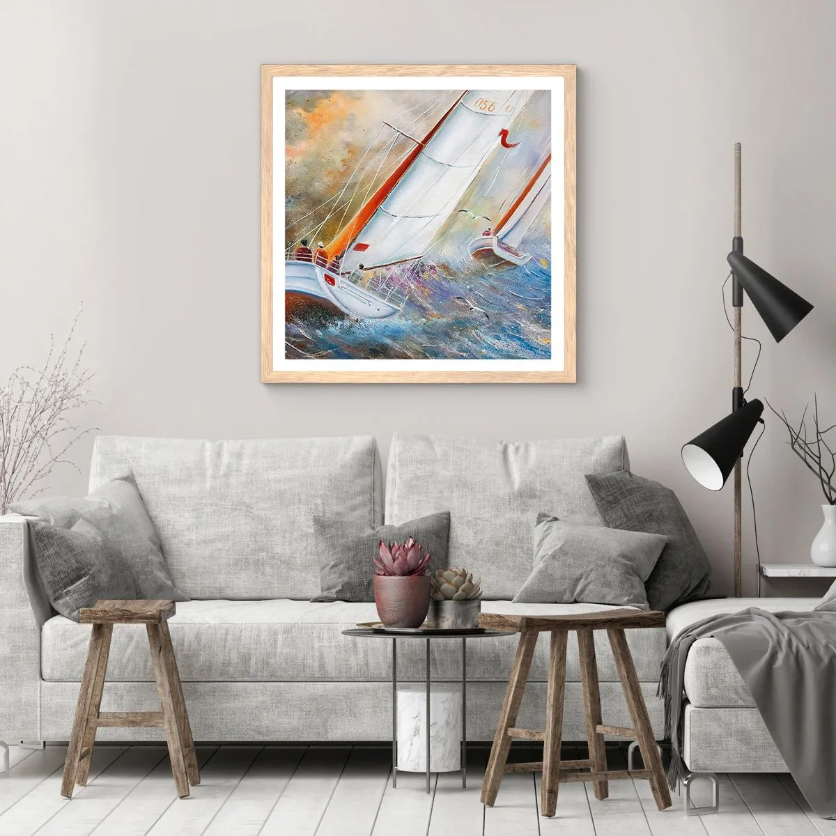 Plakat i ramme af lyst egetræ - Løber på bølgerne - 60x60 cm