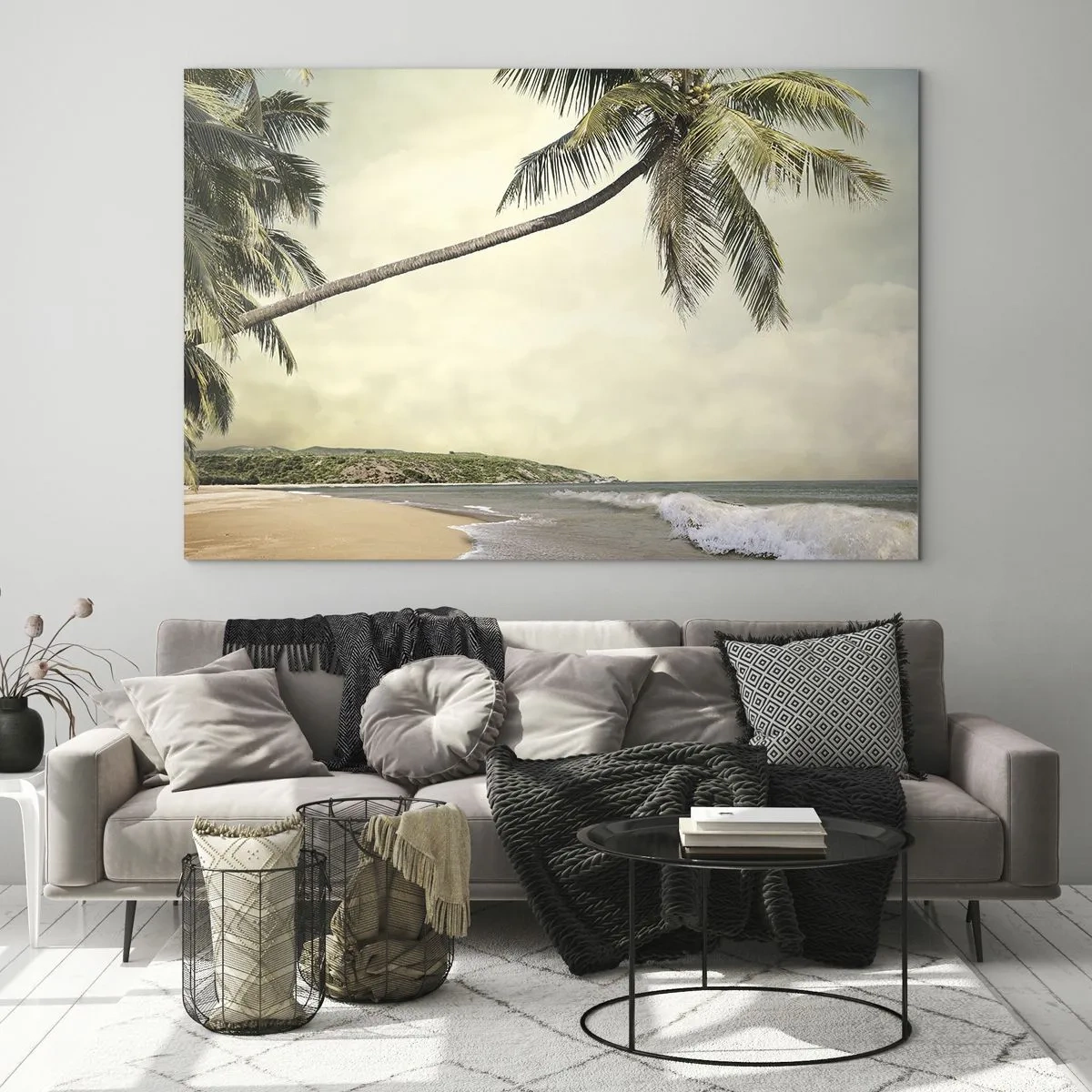 Billede på glas - Tropisk strand med palmetræ og bølger - 70x50cm - En tropisk drøm - Moderne vægdekoration til stue og soveværelse ARTTOR