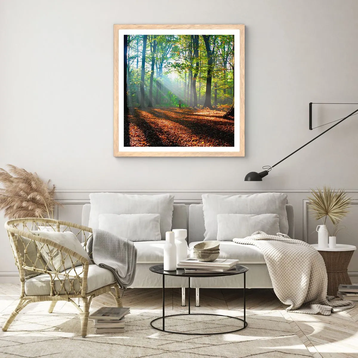 Plakat i ramme af lyst egetræ - Lys og skygger - 60x60 cm