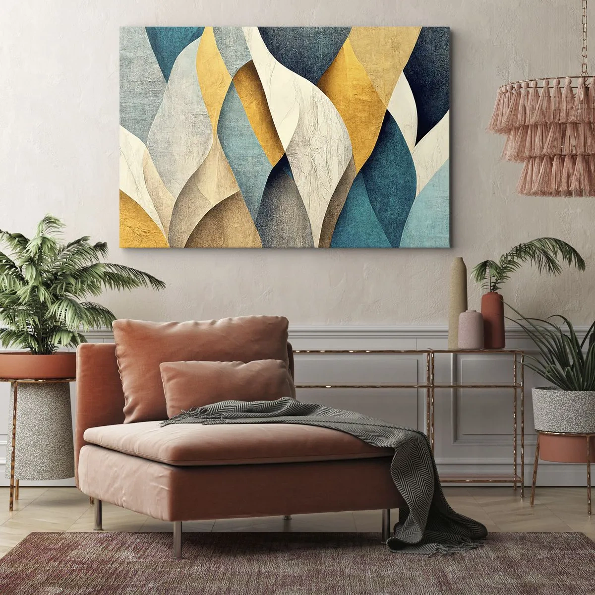 Lærredstryk - Billede på lærred - Abstrakte bølger i nuancer af blå og guld - 70x50cm - Rytme og bølger - Moderne vægdekoration til stue og soveværelse ARTTOR