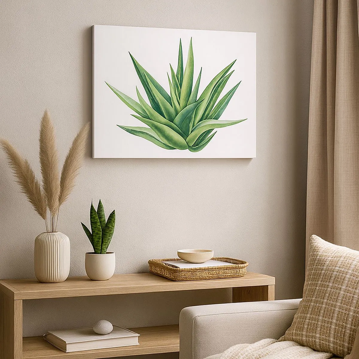 Lærredstryk - Billede på lærred - En saftig grøn plante på en hvid baggrund - 70x50cm - Grøn - styrke - liv - Moderne vægdekoration til stue og soveværelse ARTTOR