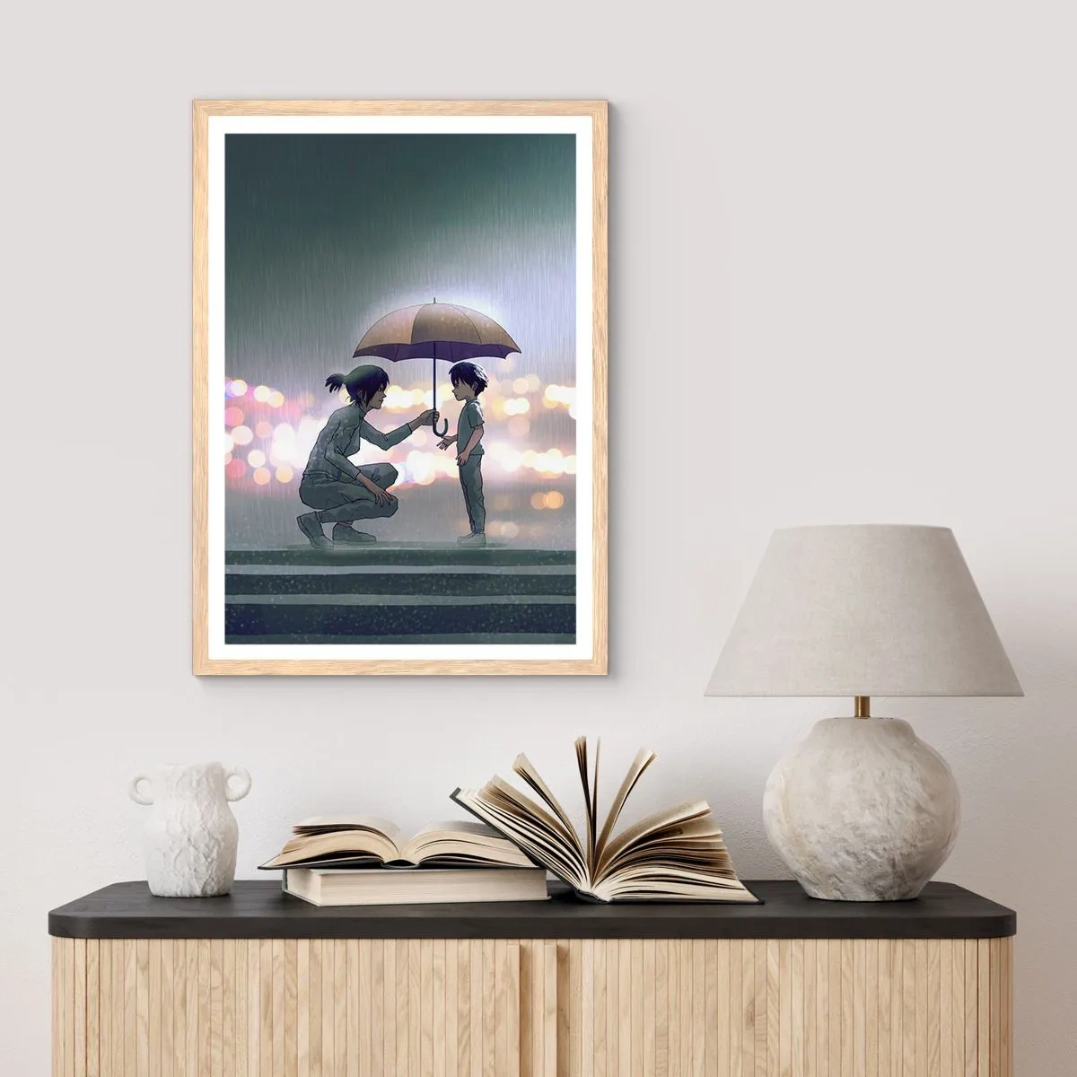 Plakat i ramme af lyst egetræ - Og alt er godt nu - 70x100 cm