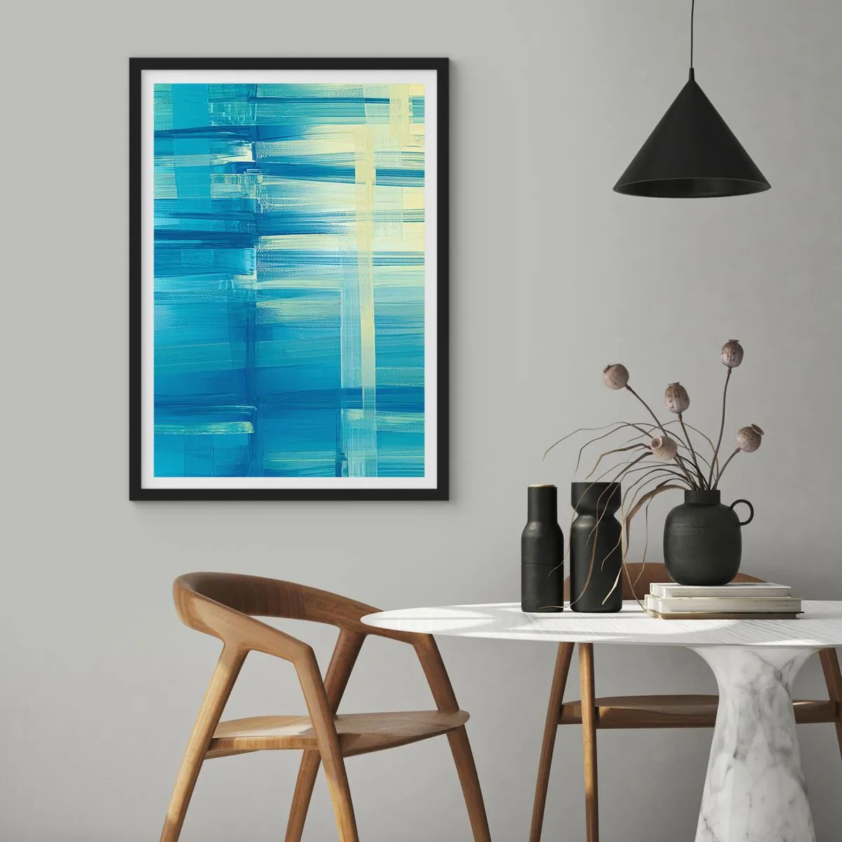 Plakat i sort ramme - Abstrakt komposition i nuancer af blå og gul - 50x70cm - Komposition i turkis - Moderne vægdekoration til stue og soveværelse ARTTOR