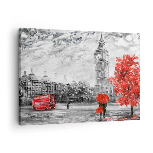 Lærredstryk - Billede på lærred - Ikonisk udsigt over London med Big Ben, en rød bus og en paraply - 70x50cm - En spændende dag - Moderne vægdekoration til stue og soveværelse ARTTOR