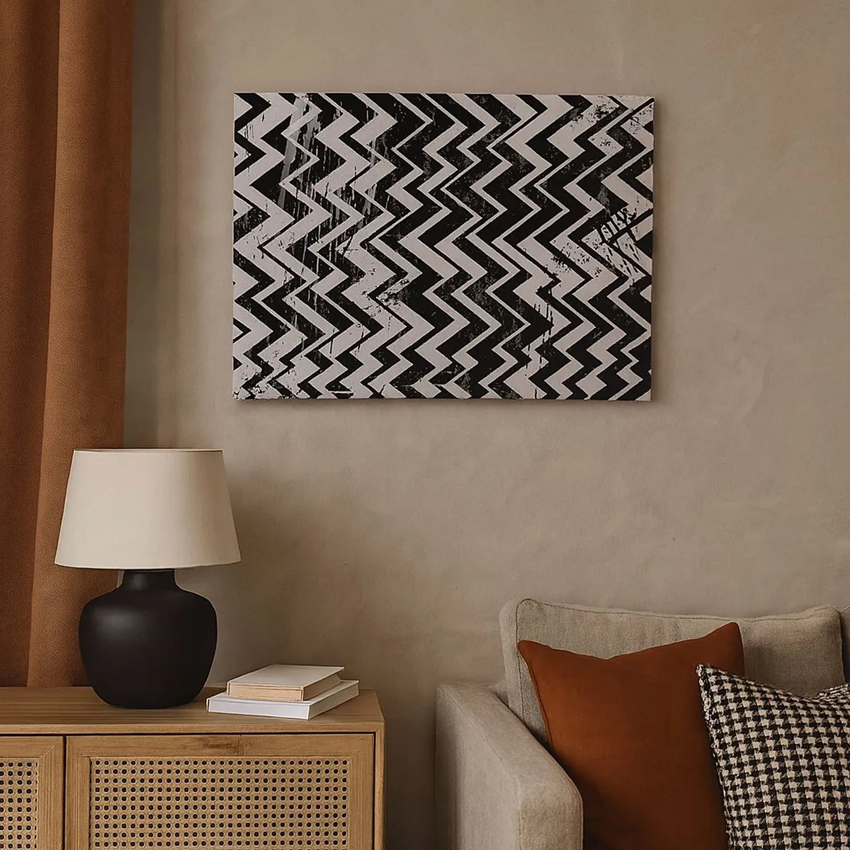 Lærredstryk - Billede på lærred - Sort og hvidt zigzagmønster med kunstneriske skrammer - 70x50cm - Zig-hvid, zag-sort - Moderne vægdekoration til stue og soveværelse ARTTOR