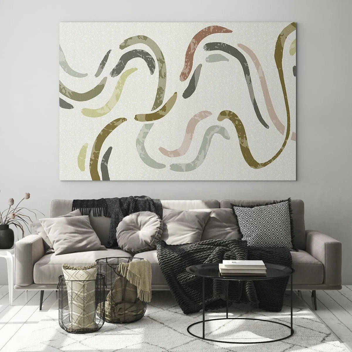 Billede på glas - Bølgede farverige former på en lys baggrund - 70x50cm - Abstraktionens glade dans - Moderne vægdekoration til stue og soveværelse ARTTOR