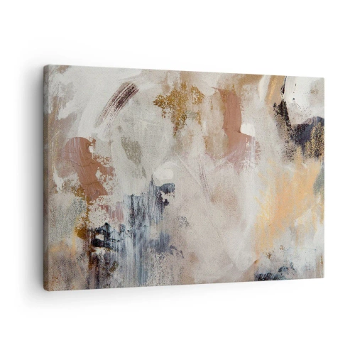 Lærredstryk - Billede på lærred - Abstrakte pletter i dæmpede nuancer af beige og guld - 70x50cm - Tågeagtig abstraktion - Moderne vægdekoration til stue og soveværelse ARTTOR