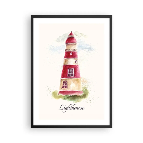 Plakat i sort ramme - Akvarel illustration af et fyrtårn på en lys baggrund - 50x70cm - Altid vejret omkring - Moderne vægdekoration til stue og soveværelse ARTTOR