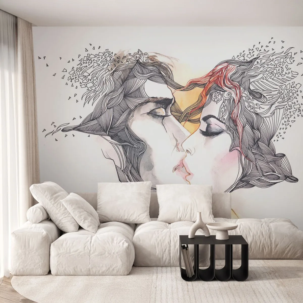 Fototapet Premium Sand - Verden eksisterer ikke - Abstraktion, Et par kærester, Kys - 500x350 cm