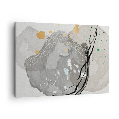 Lærredstryk - Billede på lærred - Organiske former i grå nuancer med accenter af sort og guld - 70x50cm - Organisk komposition - Moderne vægdekoration til stue og soveværelse ARTTOR