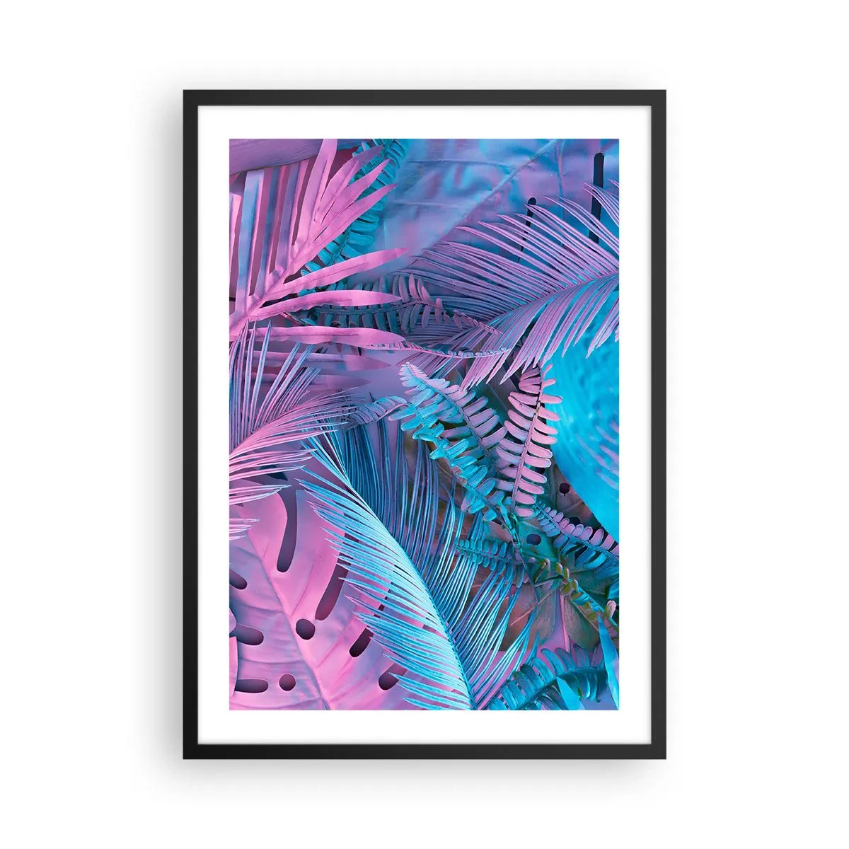 Plakat i sort ramme - Farverige tropiske blade i neon nuancer af pink og blå - 50x70cm - Troperne i lyserød og blå - Moderne vægdekoration til stue og soveværelse ARTTOR