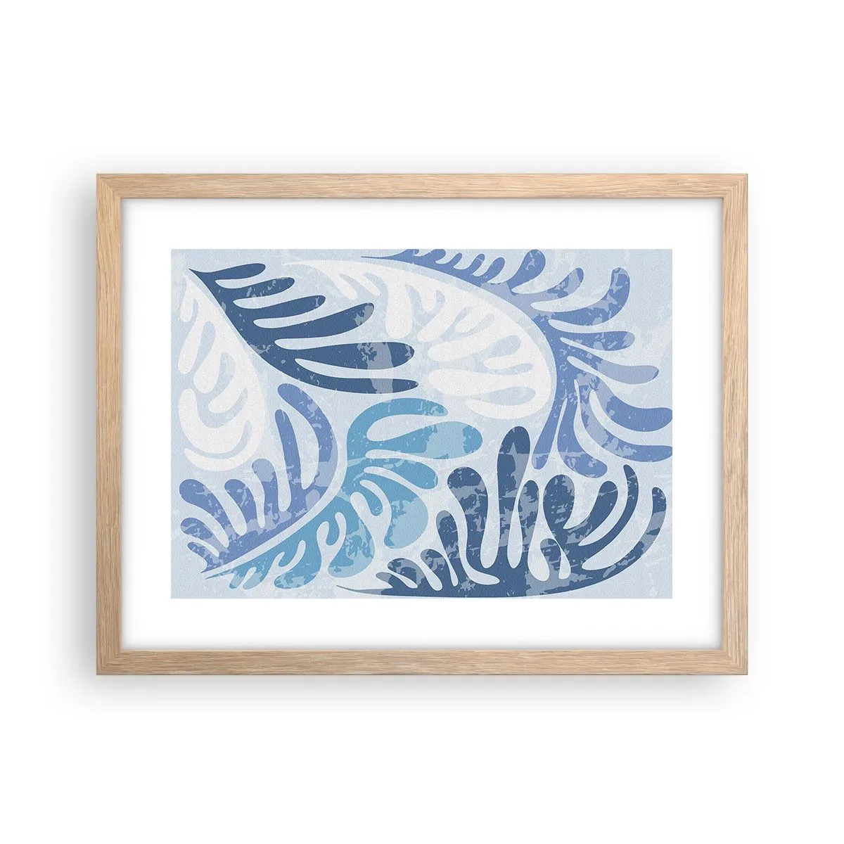 Plakat i ramme af lyst egetræ - Blå bregner - 40x30 cm