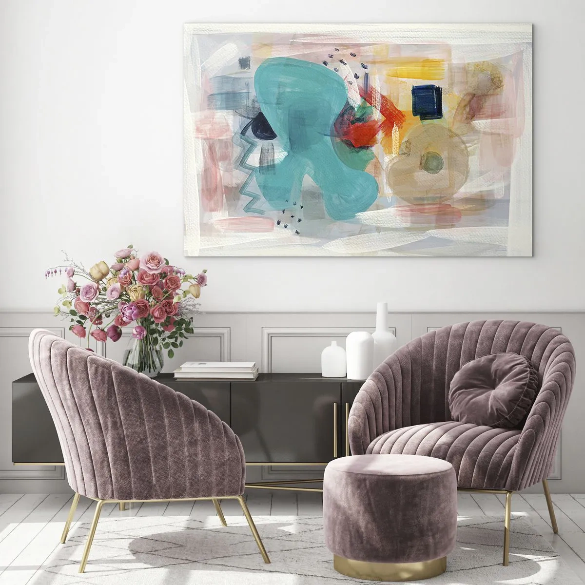 Billede på glas - En farverig abstraktion med stænk af turkis, rød og beige. - 70x50cm - Et farverigt spil - Moderne vægdekoration til stue og soveværelse ARTTOR