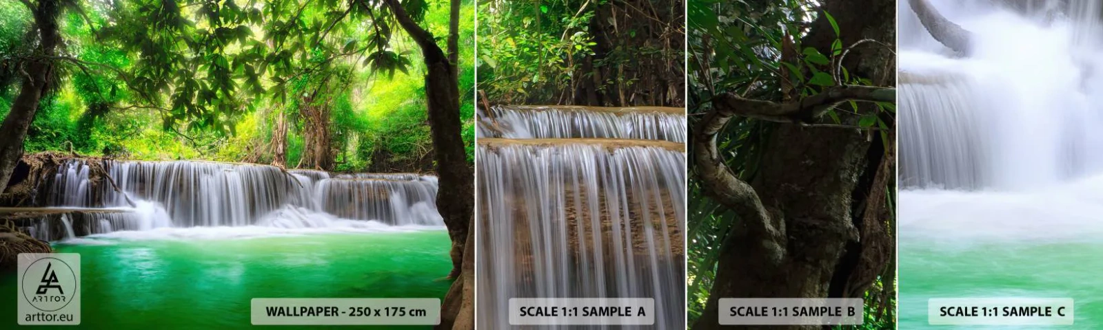 Fototapet Prøve Standard Eco - Kaskade i grønt - Landskab, Vandfald, Nationalpark - 100x30 cm