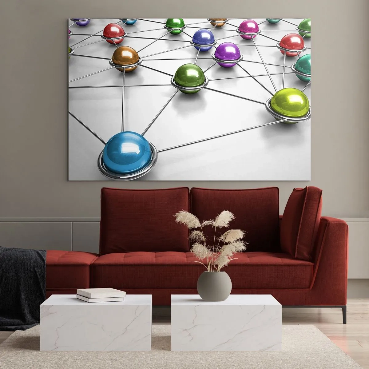 Billede på glas - Farverige kugler forbundet med linjer på en lys baggrund - 70x50cm - Kosmisk net - Moderne vægdekoration til stue og soveværelse ARTTOR