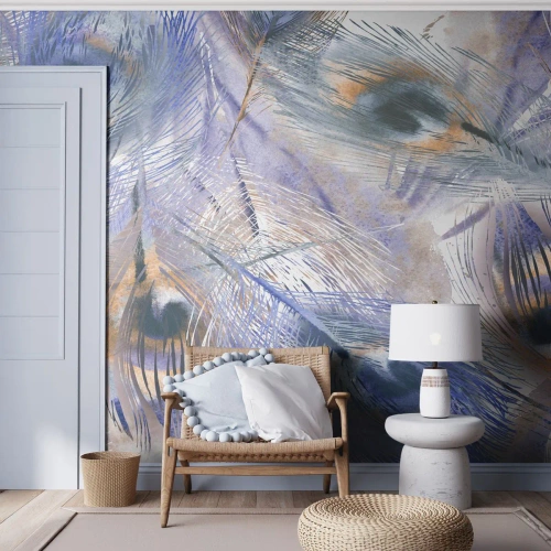 Fototapet Premium Sand - Påfugl sammensætning - Abstraktion, Påfuglefjer, Boho - 250x175 cm