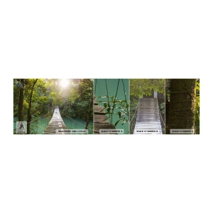 Prøve Fototapet Selvklæbende Deluxe Sticker - Over det azurblå vand til den azurblå skov - Landskab, Jungle, træbro - 100x30 cm
