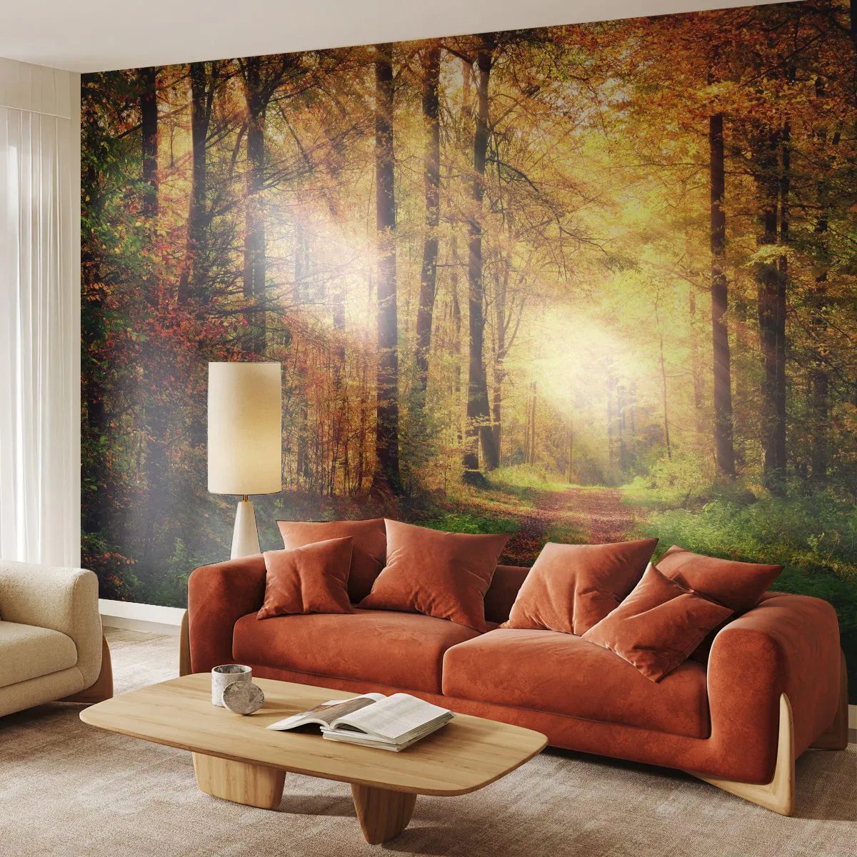 Fototapet Premium Canvas - Skovgylden stilhed - Landskab, Skov, Skovvej - 250x175 cm