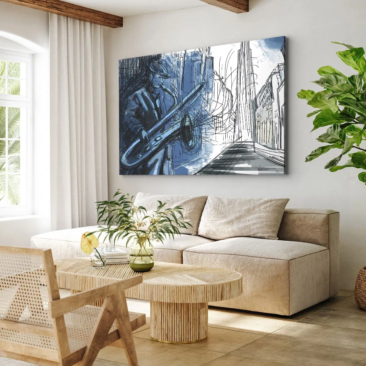 Lærredstryk - Billede på lærred - En figur, der spiller saxofon mod en bys baggrund - 70x50cm - Byens rapsodi - Moderne vægdekoration til stue og soveværelse ARTTOR