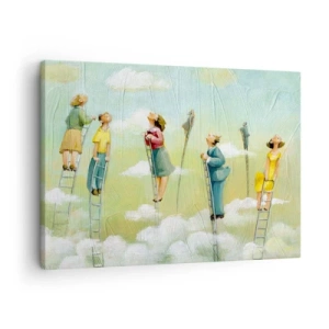 Lærredstryk - Billede på lærred - Figurer, der klatrer op ad stiger blandt skyer på en pastelbaggrund. - 70x50cm - Bag din drøm - Moderne vægdekoration til stue og soveværelse ARTTOR
