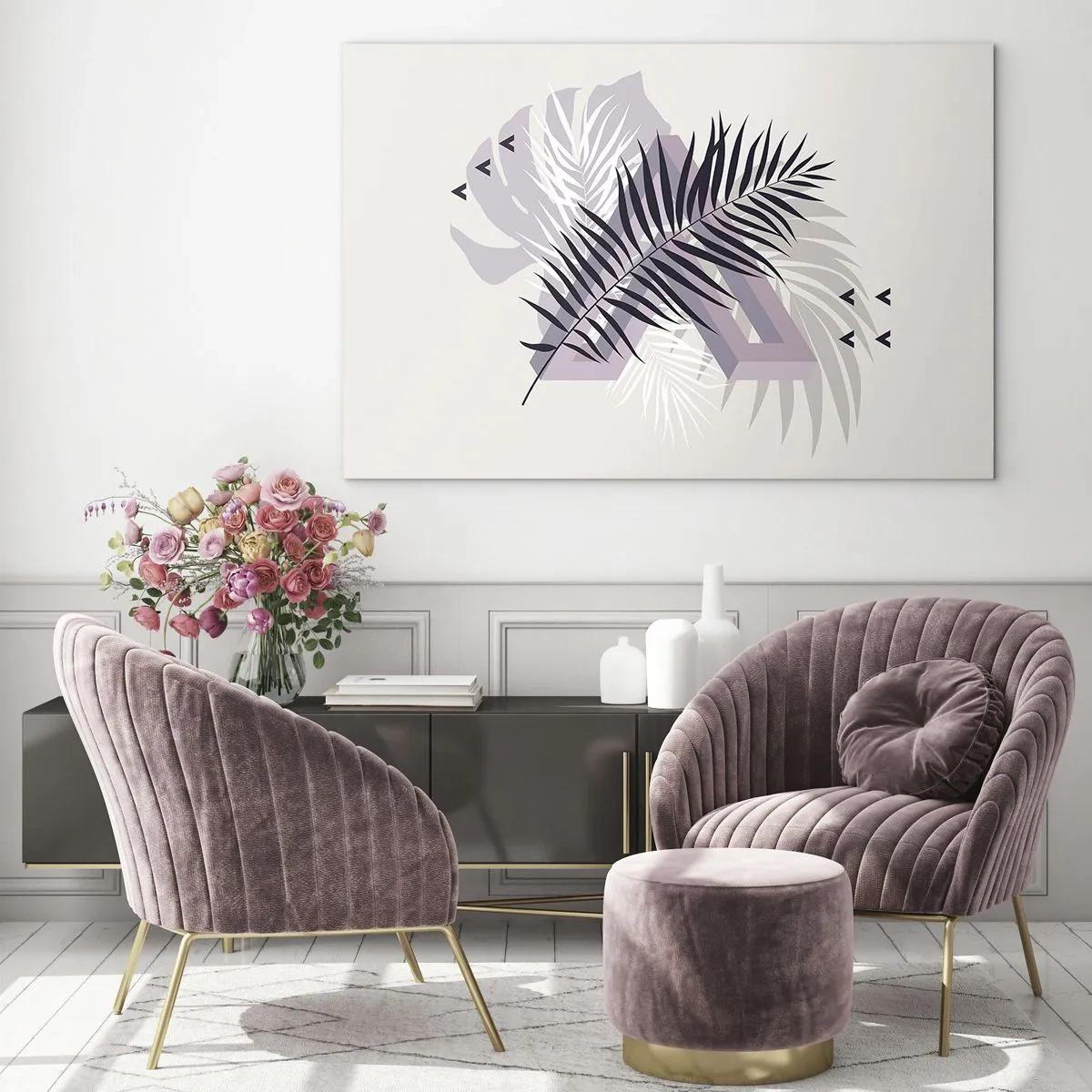 Billede på glas - En minimalistisk komposition med palmeblade og geometriske former. - 70x50cm - Skygge af en skygge - Moderne vægdekoration til stue og soveværelse ARTTOR