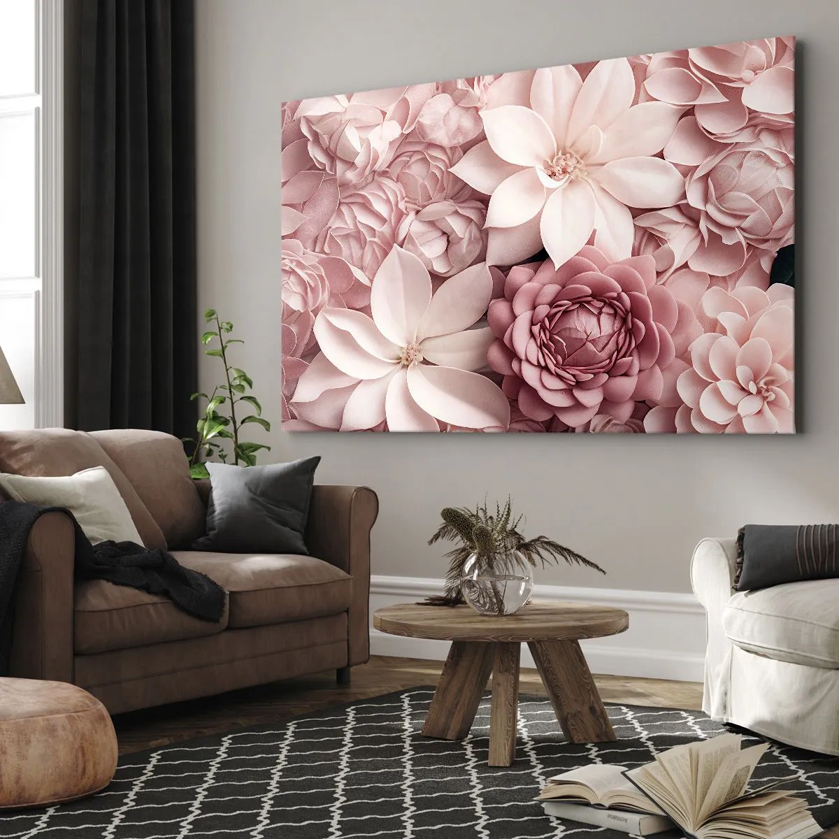 Lærredstryk - Billede på lærred - Blomster i lyserøde og hvide nuancer i en kunstnerisk tilgang - 70x50cm - I lyserøde kronblade - Moderne vægdekoration til stue og soveværelse ARTTOR