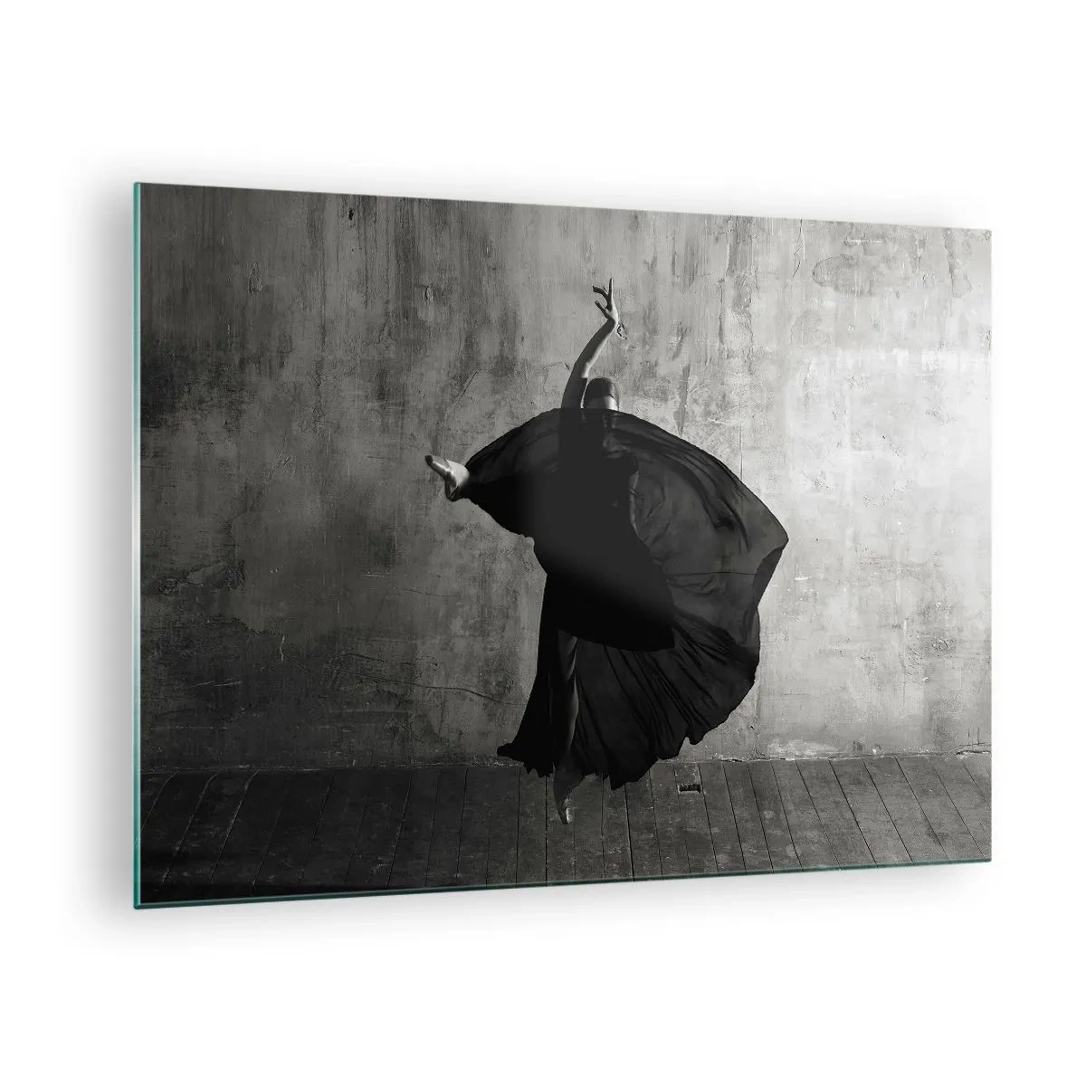 Billede på glas - Sort og hvid silhuet af en danser i en dynamisk positur - 70x50cm - Passioneret bælte - Moderne vægdekoration til stue og soveværelse ARTTOR