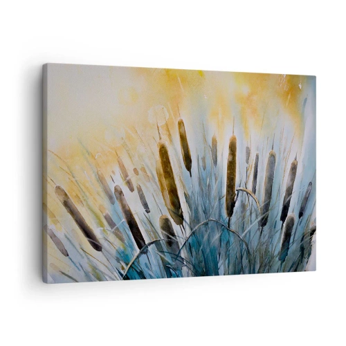 Lærredstryk - Billede på lærred - Maleriske siv i solens stråler - 70x50cm - Vandets kulde, solens varme - Moderne vægdekoration til stue og soveværelse ARTTOR