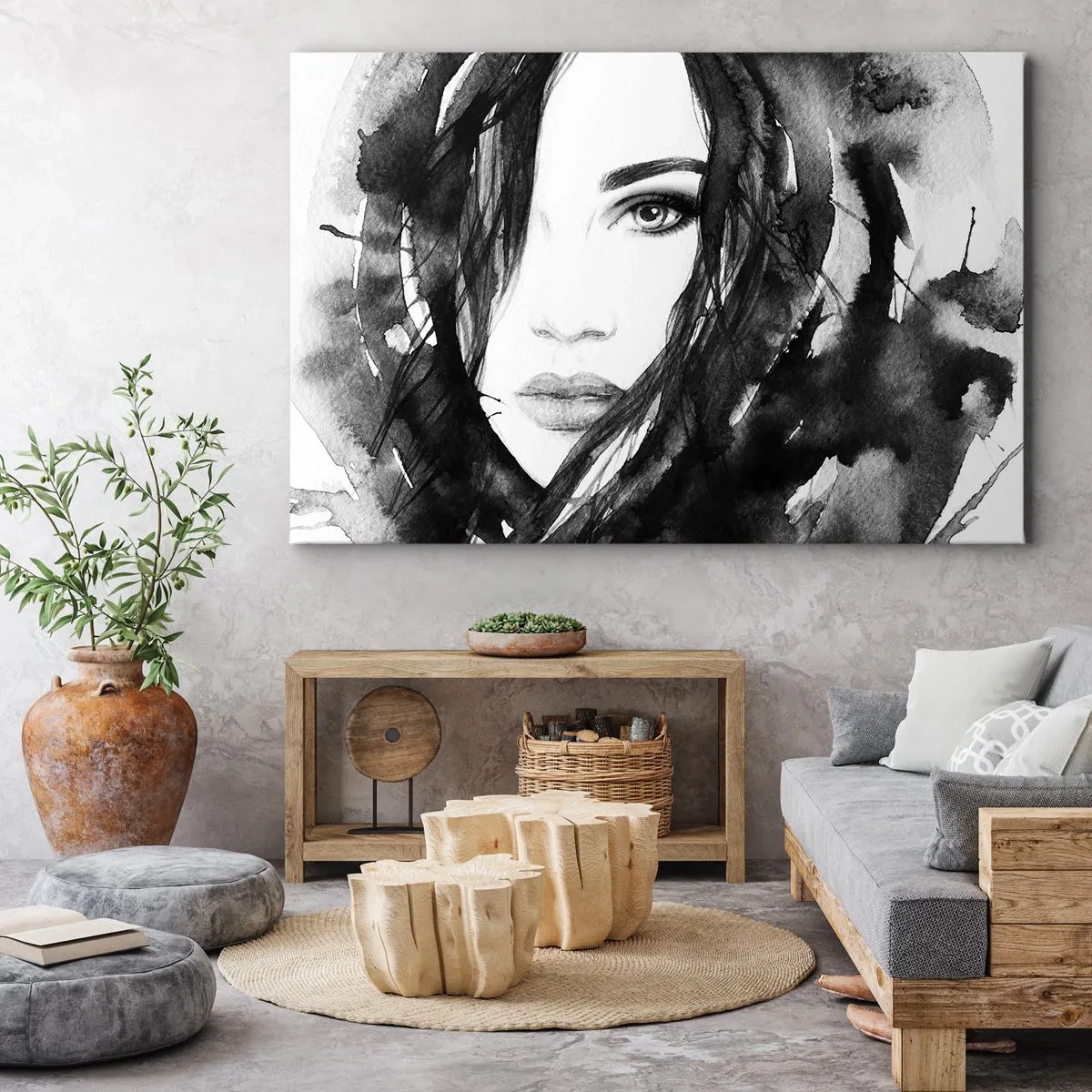 Lærredstryk - Billede på lærred - Portræt af en dame i sort og hvidt - 100x70 cm