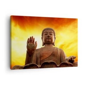Lærredstryk - Billede på lærred - En Buddha-statue mod en gylden solnedgangshimmel - 70x50cm - Fred i verden - Moderne vægdekoration til stue og soveværelse ARTTOR