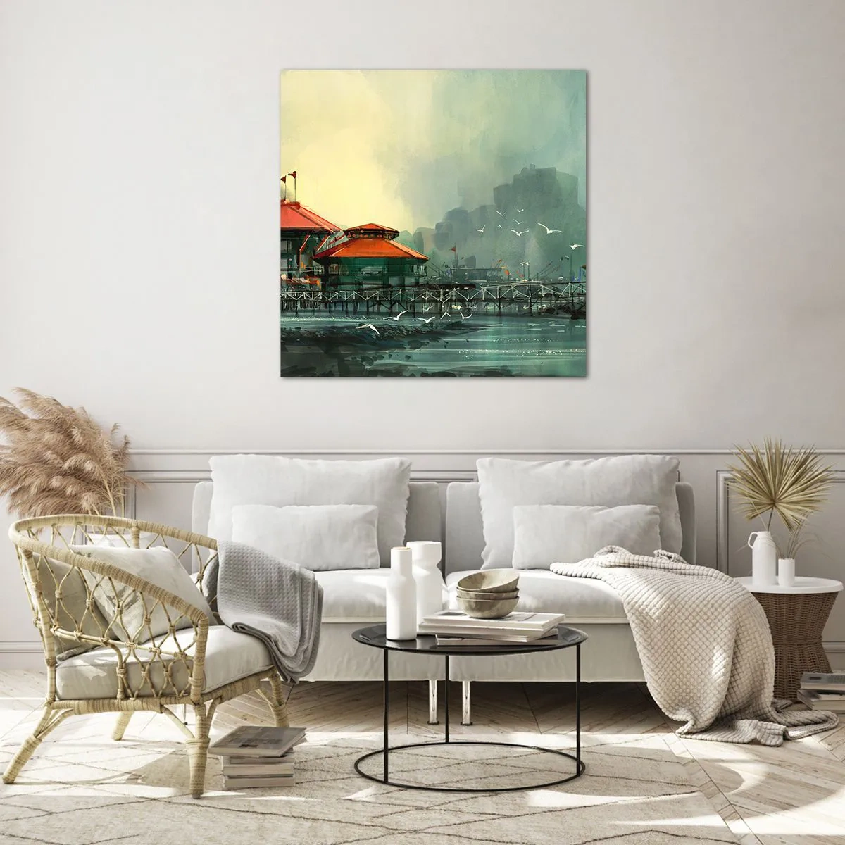 Billede på glas - En regnvejrsdag på havnen - 60x60 cm