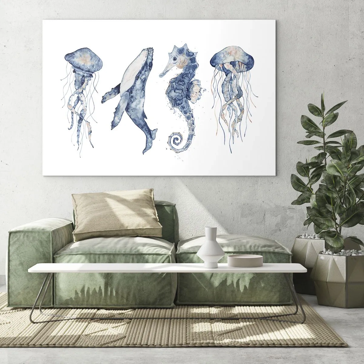 Billede på glas - Havdyr i en delikat akvarelstil - 70x50cm - Havets vidundere - Moderne vægdekoration til stue og soveværelse ARTTOR