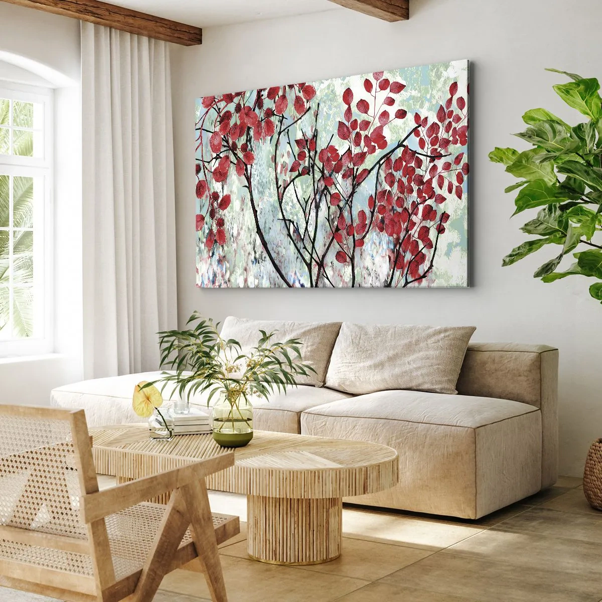 Lærredstryk - Billede på lærred - Røde blade mod en lys himmel med abstrakte mønstre - 70x50cm - Træ i skarlagenrødt - Moderne vægdekoration til stue og soveværelse ARTTOR
